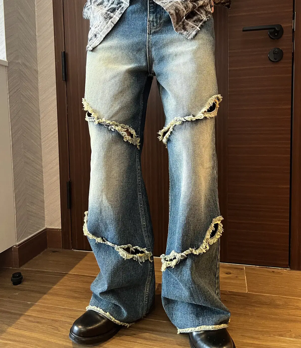 [NEW]51->49Damaged Star Rivet Denim Pants Wide Leg Pants Flare Bootcut Jeans