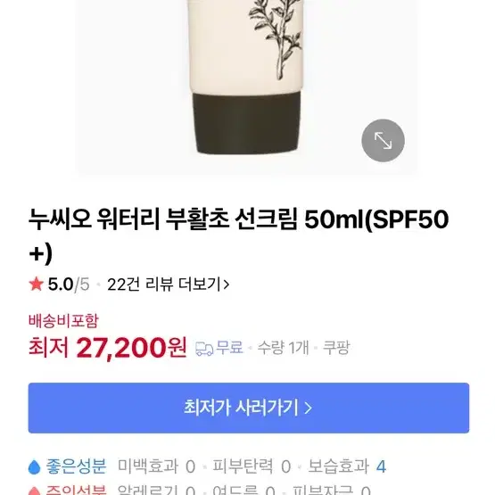 (새상품) 누씨오 워터리 부활초 선크림 50ml