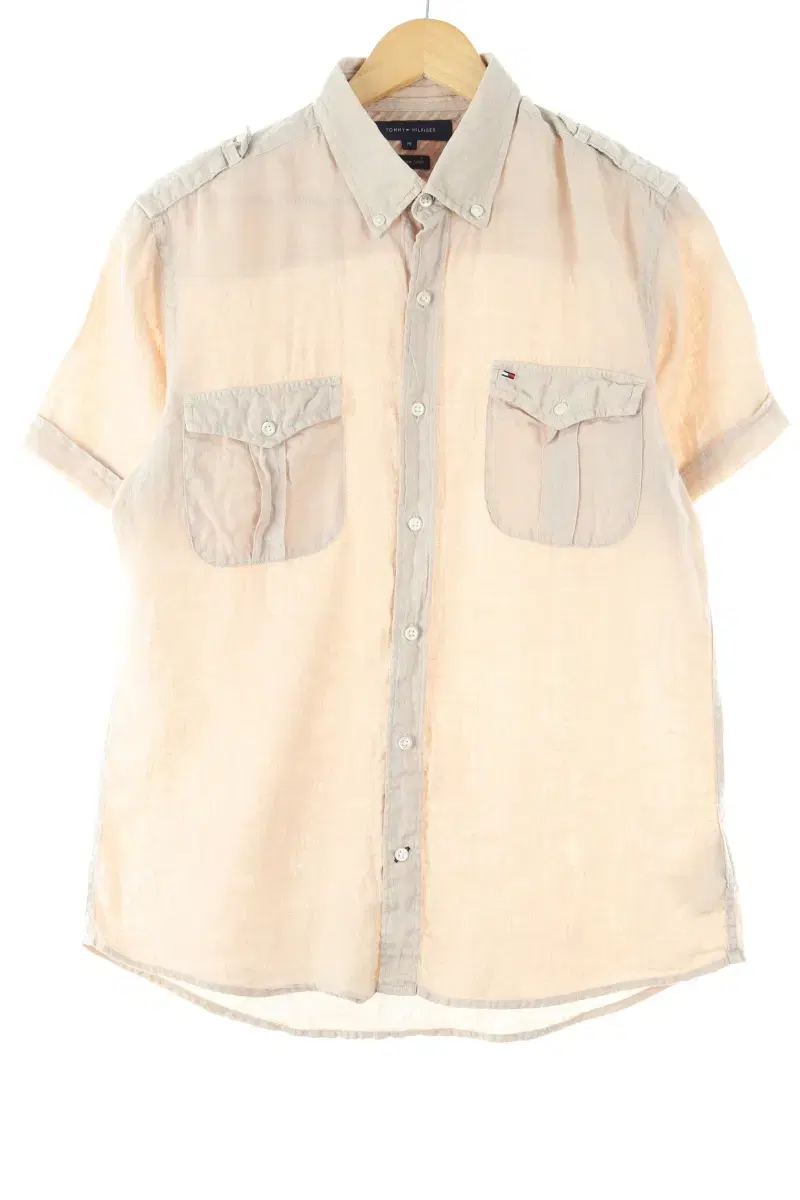 (M) Tommy Hilfiger Short-sleeved shirt Southern Linen Ma Beige Old School-E66C