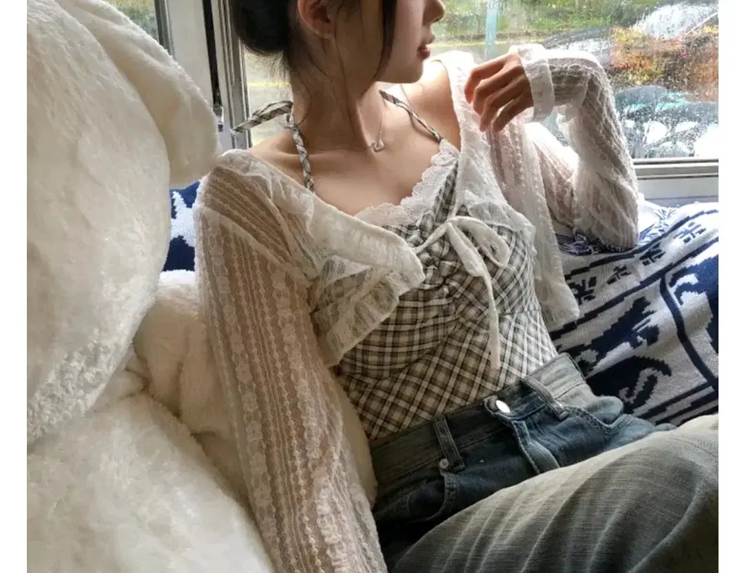 레이스 시스루 리본 가디건+탑 세트 (새상품)