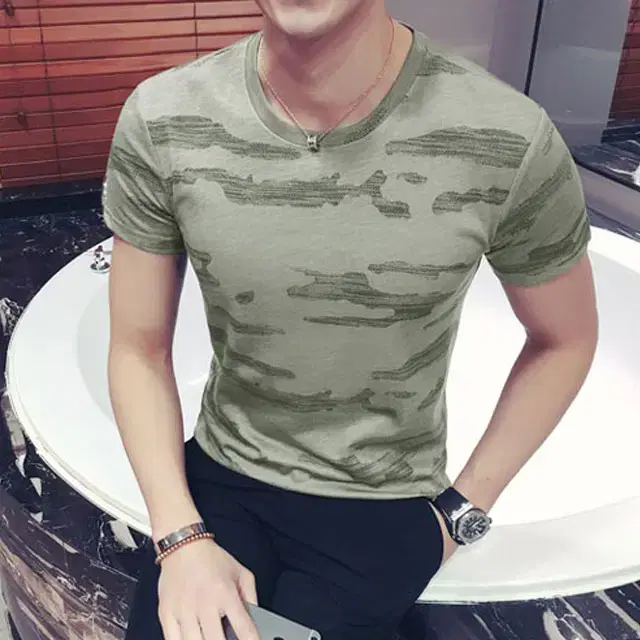 SeShop TM513 Men's thin fabric short sleeve T-shirt khaki green 100-1