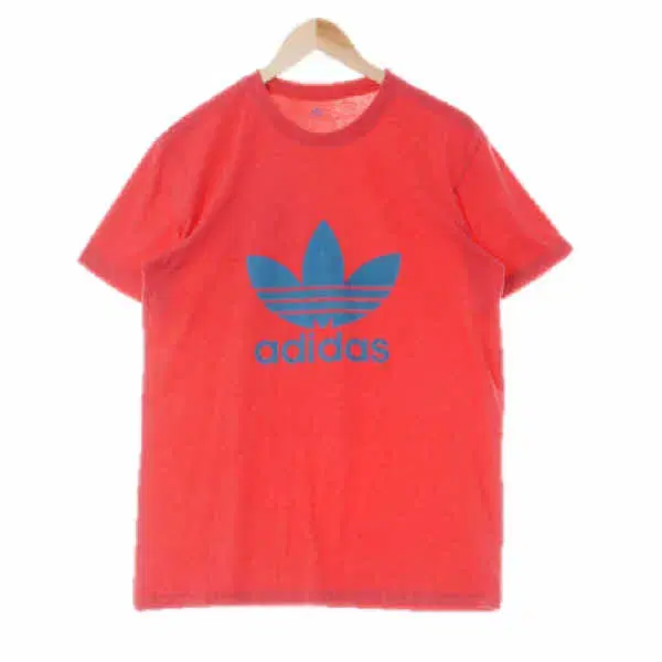 Adidas Red Printed Cotton Blend Big Logo Round Short Sleeve Tee