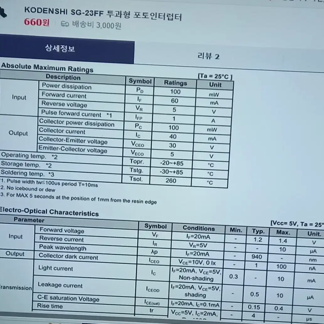 포토인터럽터 SG-23FF 투과형(광센서)국내산