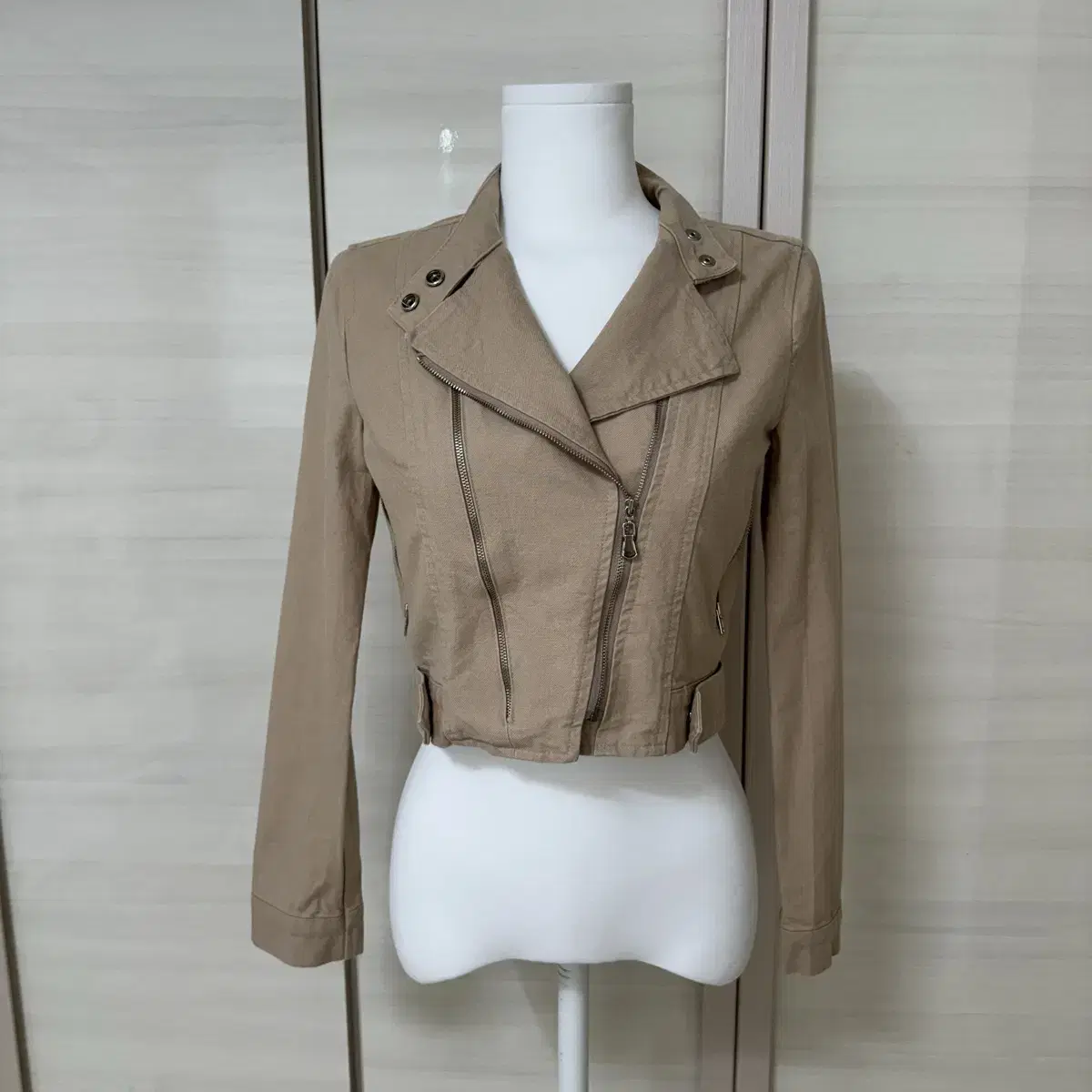 Women's Beige Cotton Rider Short Jacket Crop Cotton Jacket