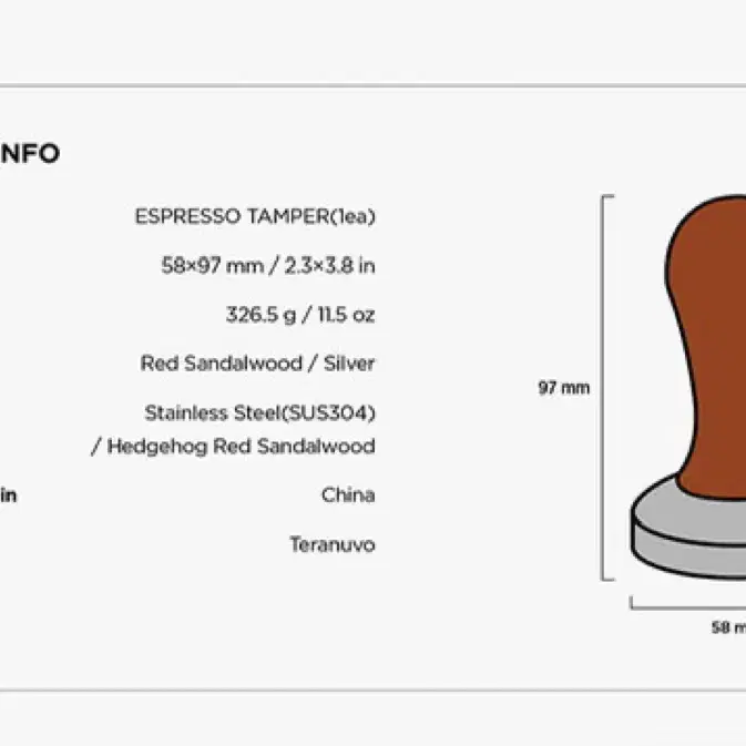 Teranuvo 탬퍼 58mm 스테인리스 스틸, 나무 핸들(미개봉/ 새상