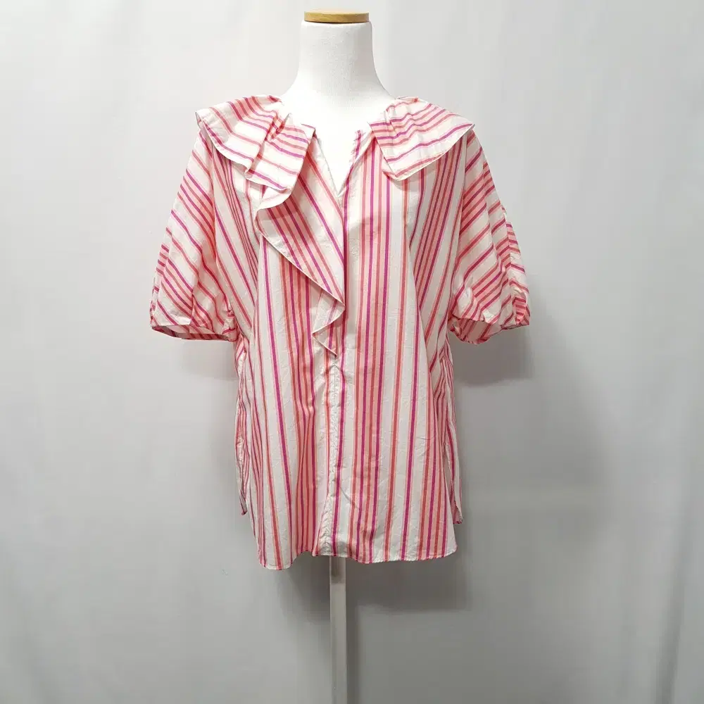 Itmisha Ruffle Stripe Loose Fit Boxy Short Sleeve Blouse WM E1538