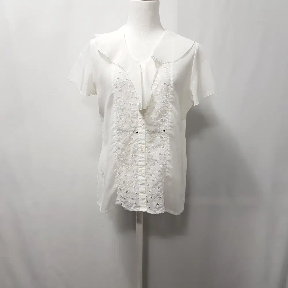 JPN Vintage punched feminine ruffled linen short sleeve blouse womensM E1556