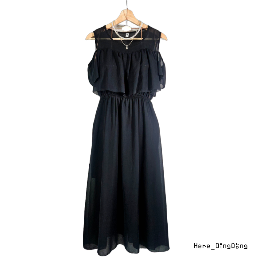 Ding-Dong :) 6 Black See-Through Shoulder-Trim Waistband Long One-Piece Dress