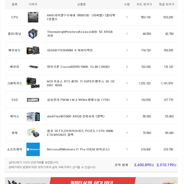 (새제품)7800X3D/4070Ti수퍼/램32/1TB/게임풀옵 PC본체데