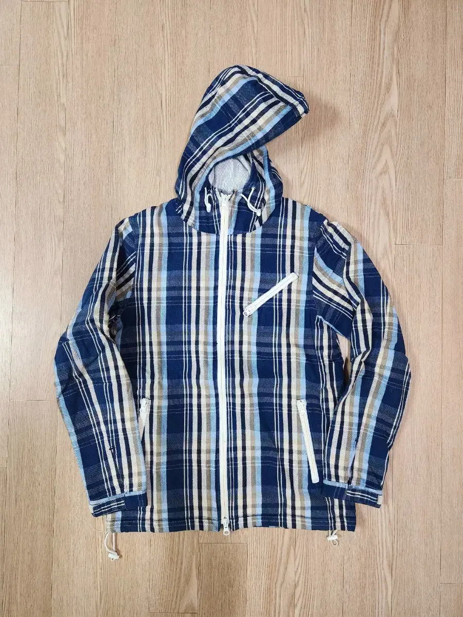 Handwork bloo checked hooded zip-up jacket