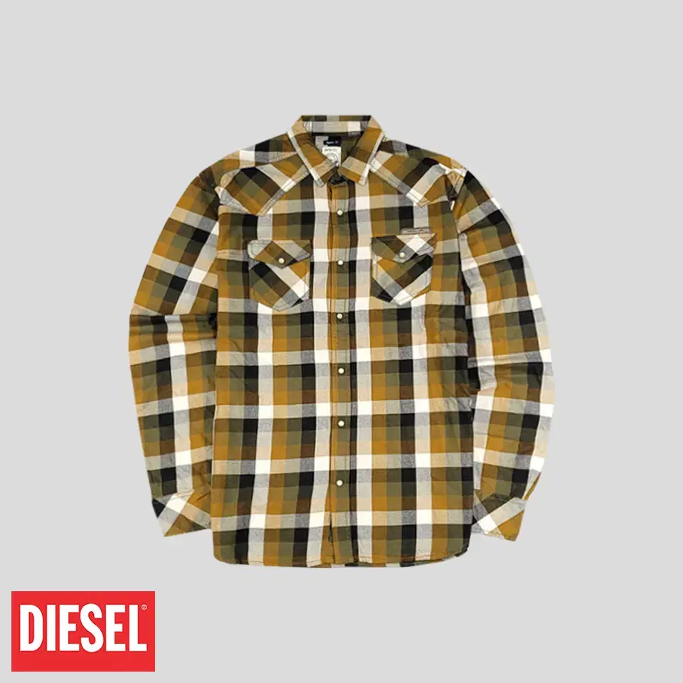 DIESEL 디젤 옐로우 카키 체크 체스트포켓 코튼100 웨스턴 아메카