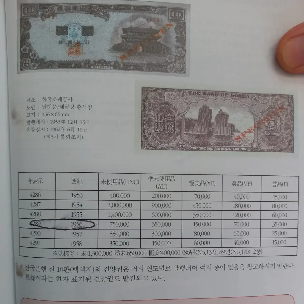 한국 지폐) 한국은행 신 십환 백색지 지폐