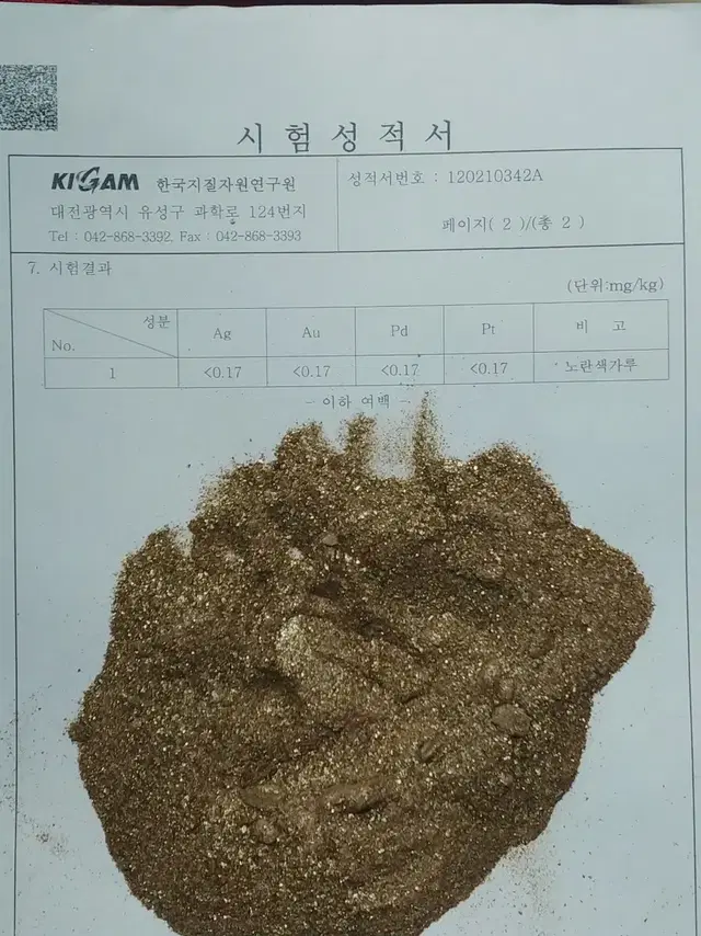 한국지질자원연구소에서 감정을 받은 금광석가루(금.은.백금.팔라듐)