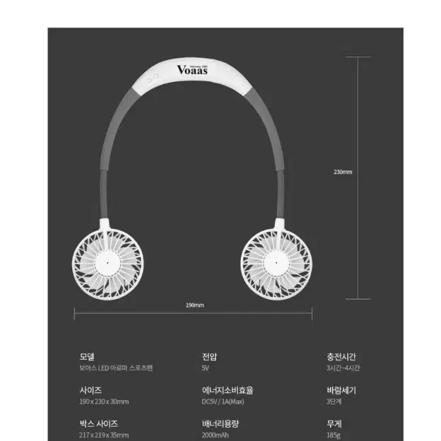 독일 voaas 휴대용 LED 목걸이형 선풍기 새상품