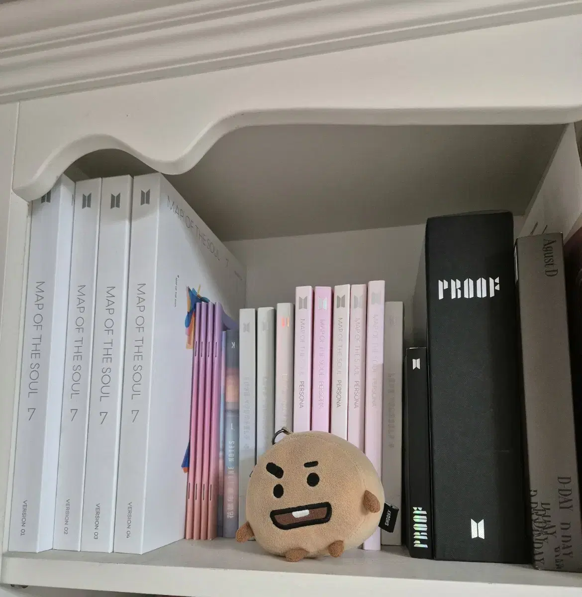 BTS album (including photocard, poster ) + shukis keyring doll Source.