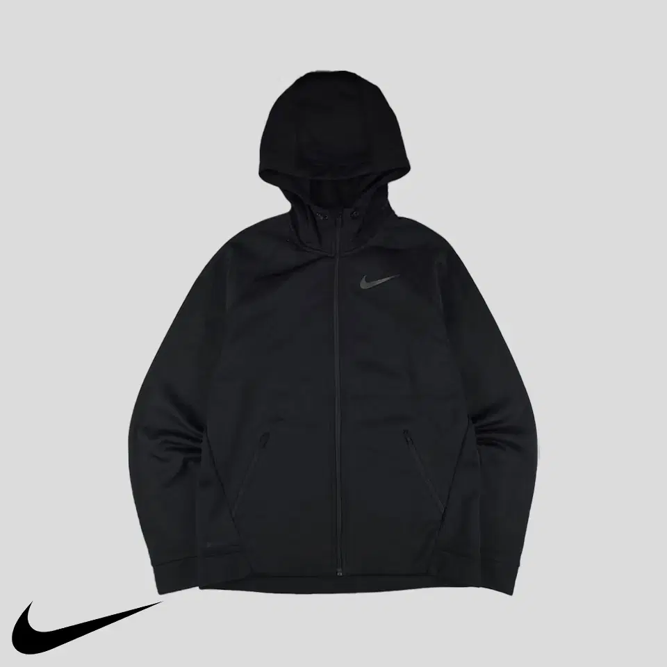 Nike Black Swoosh Printed Dry Fit Inner Brushed Poly Functional Hoodie Zip Up L