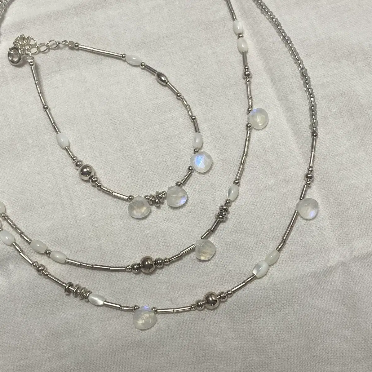 Rainbow Moonstone Necklace Bracelet in Silver