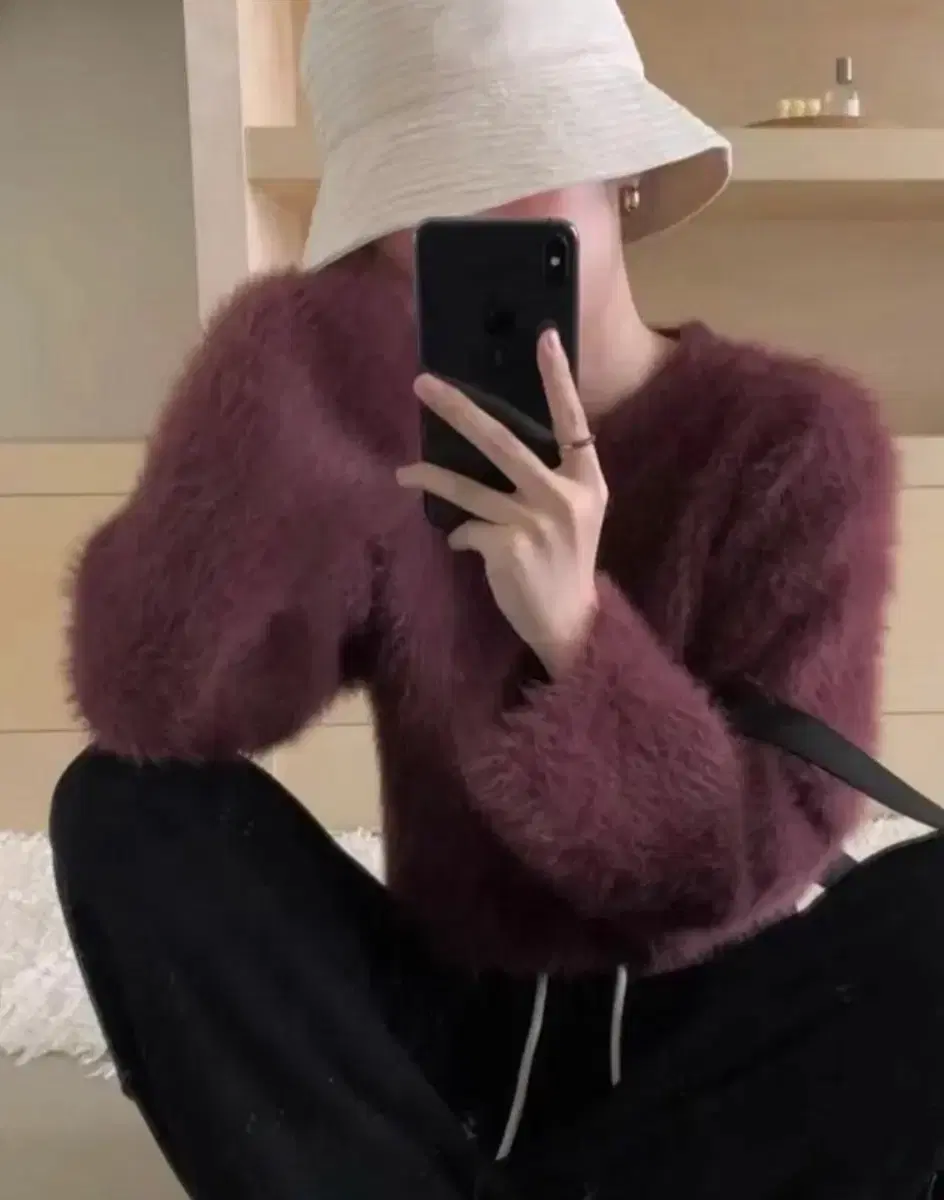 Millie Kim Winter Soft Fur Knit Crop Wine Angora