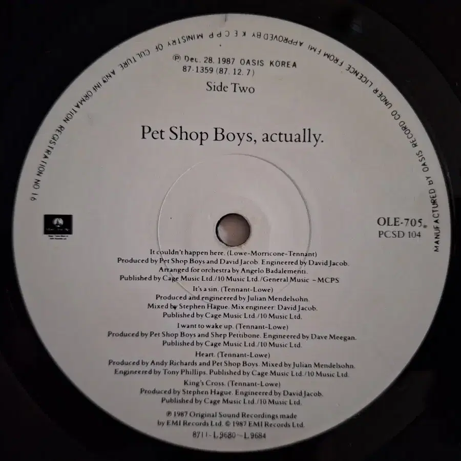 국내라이센스반/Pet Shop Boys - Actually LP