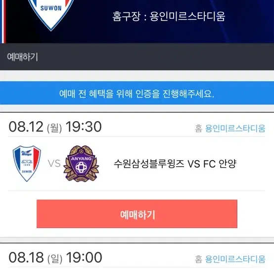 수원삼성블루윙즈 안양Fc 두자리 (8/12일 19:30) 일반석 E1-c