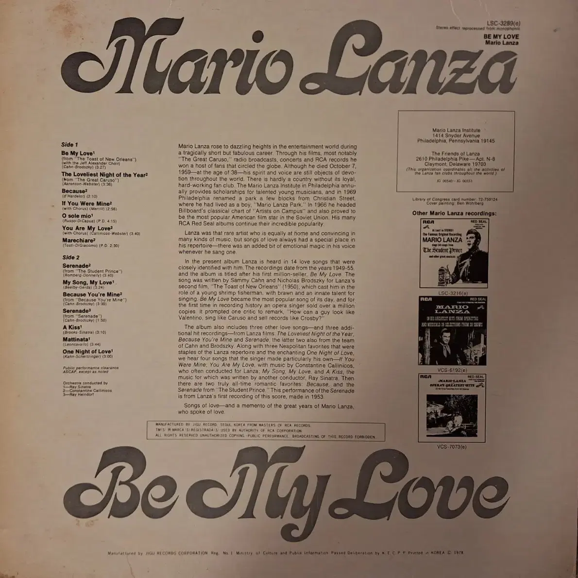 국내라이센스반/Mario Lanza - Be my Love LP