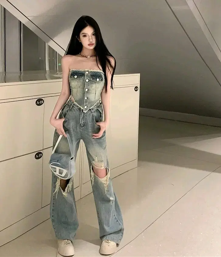 [blue jeans two piece] denim pants crop top off the shoulder nash tube top jeans ripped pants setup
