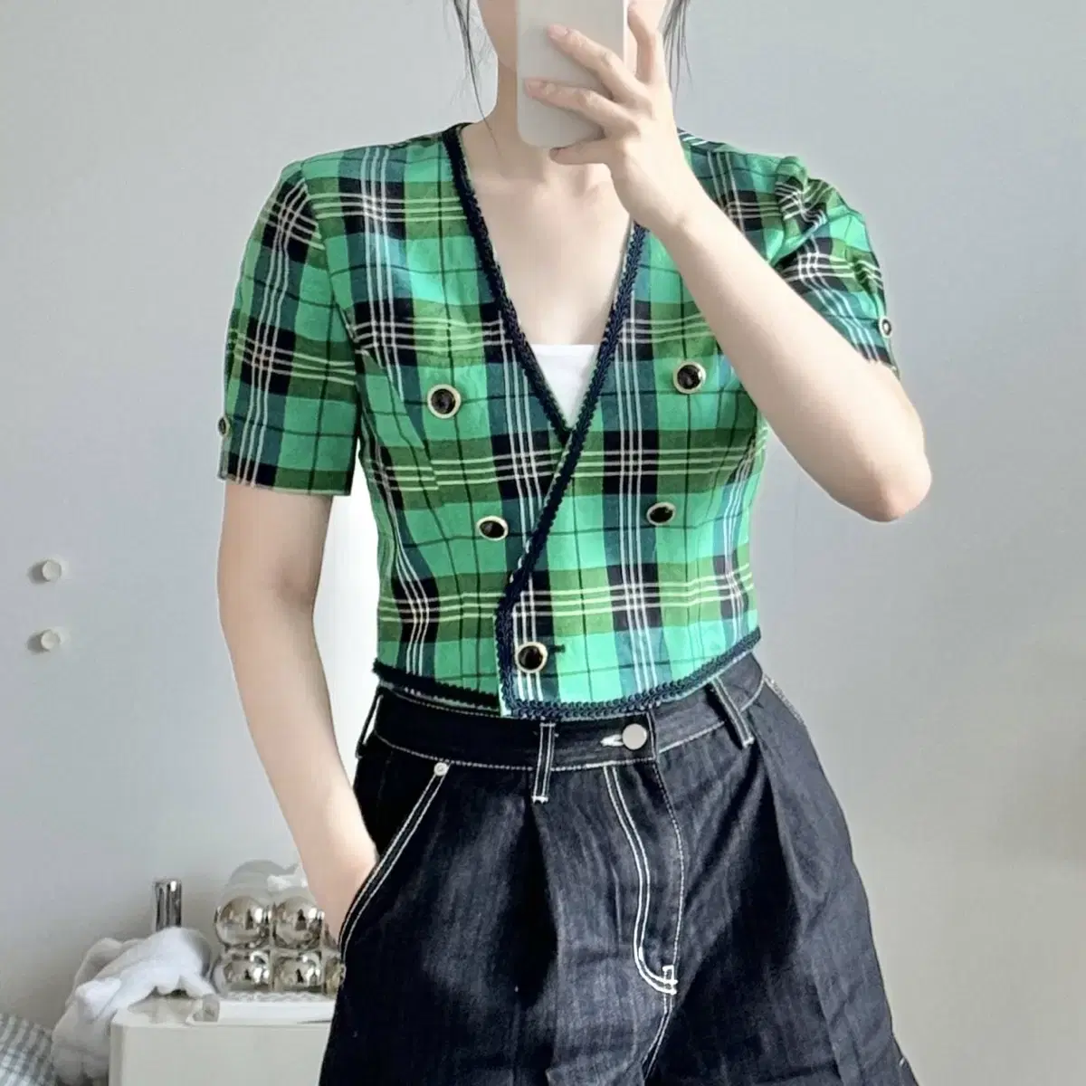 [Japan Vintage] Tartan Check Cropped Button-Down Short-Sleeved Jacket _Green