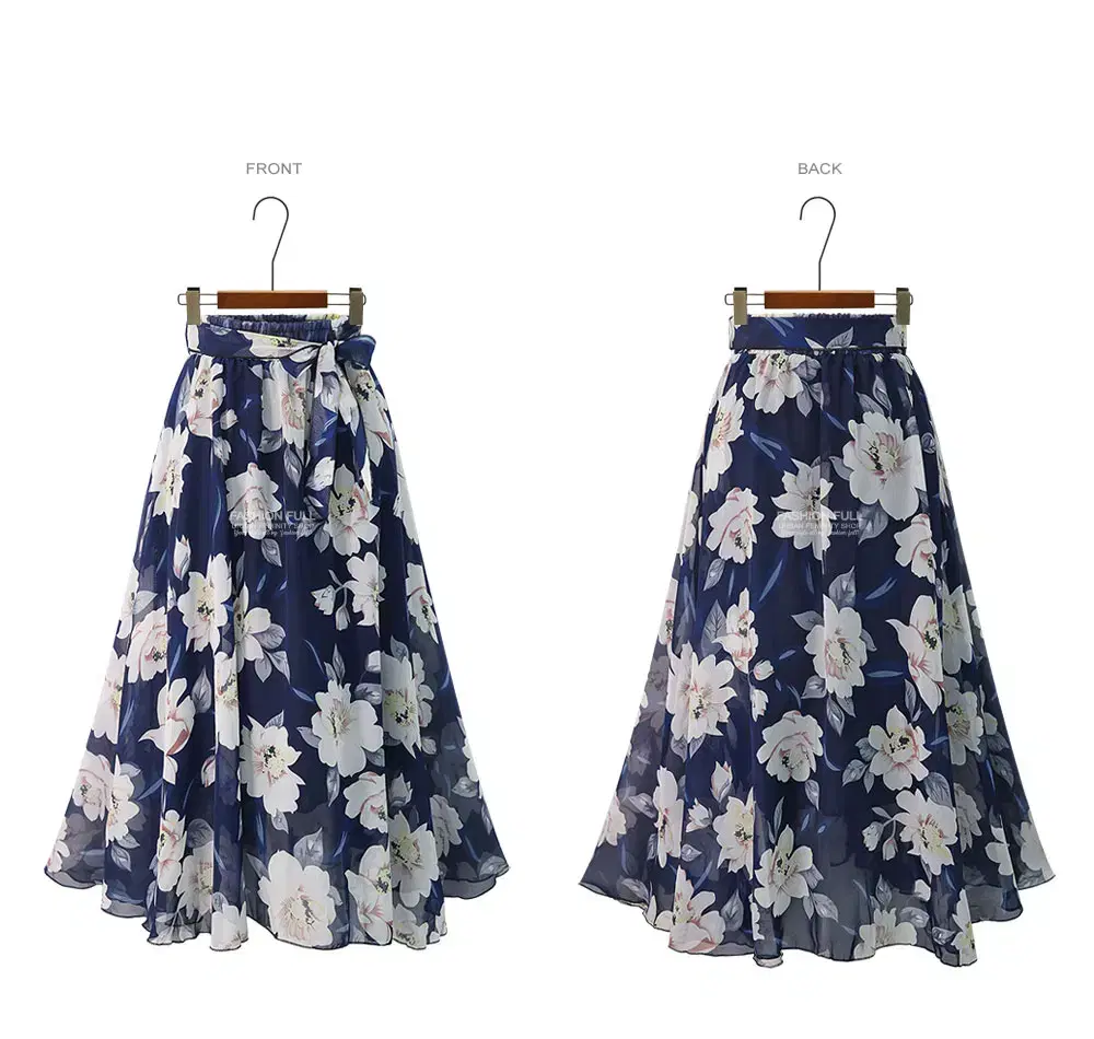 Navy chiffon flower long skirt