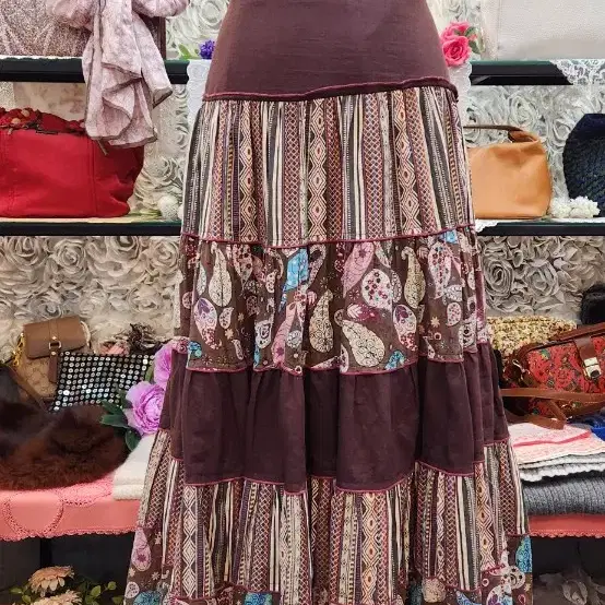 PREETY ROSA PARIS 면마혼방 티어드 롱스커트