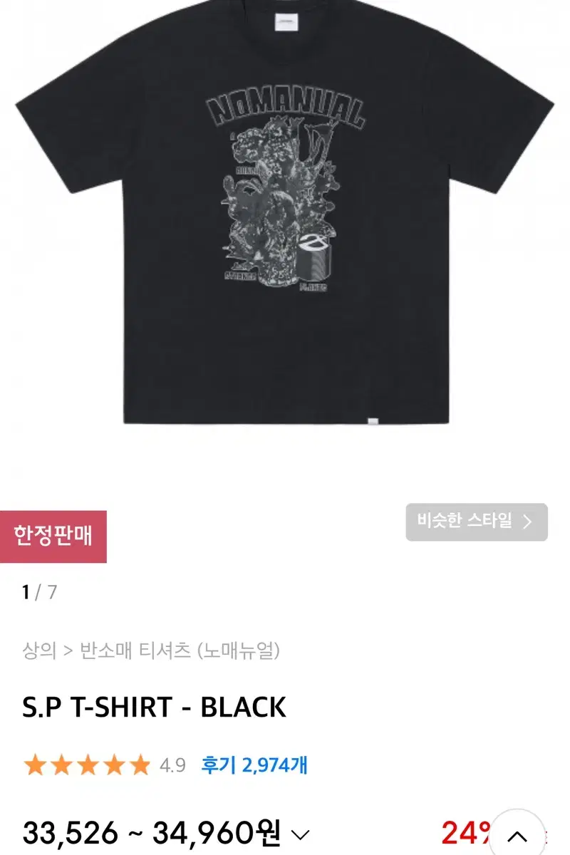 노매뉴얼 반팔 s사이즈 s.p t-shirt black