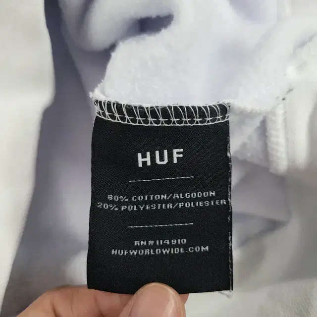 HUF 허프 화이트 네이비 빅자수로고 코튼혼방 스웻 기모 후드 티셔츠 M