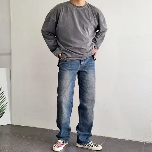 데일리 빈티지 브러쉬 워싱 롱기장 일자핏 데님 청바지 28~36size