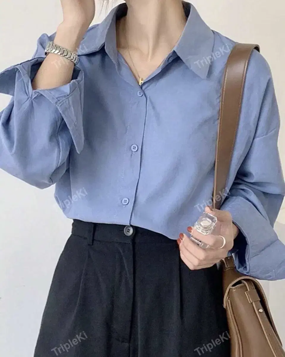 Shine Casual High Low Button Front Plain Shirt Dusty Bloo Big Size