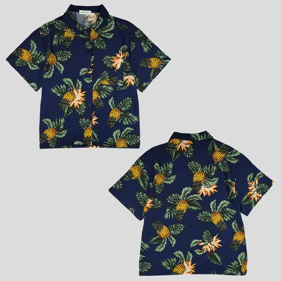 BROWNY Navy Yel Pineapple Chest Pocket Rayon100 Tropical Hawaiian