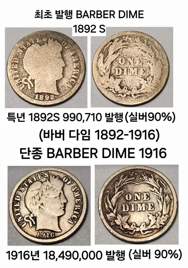 은화 (발행, 단종) 두 동전 미국주화 바버다임 특년도 1892 S