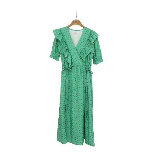 Special Price) Retro Dot Frill Strap Green ONEPIECE