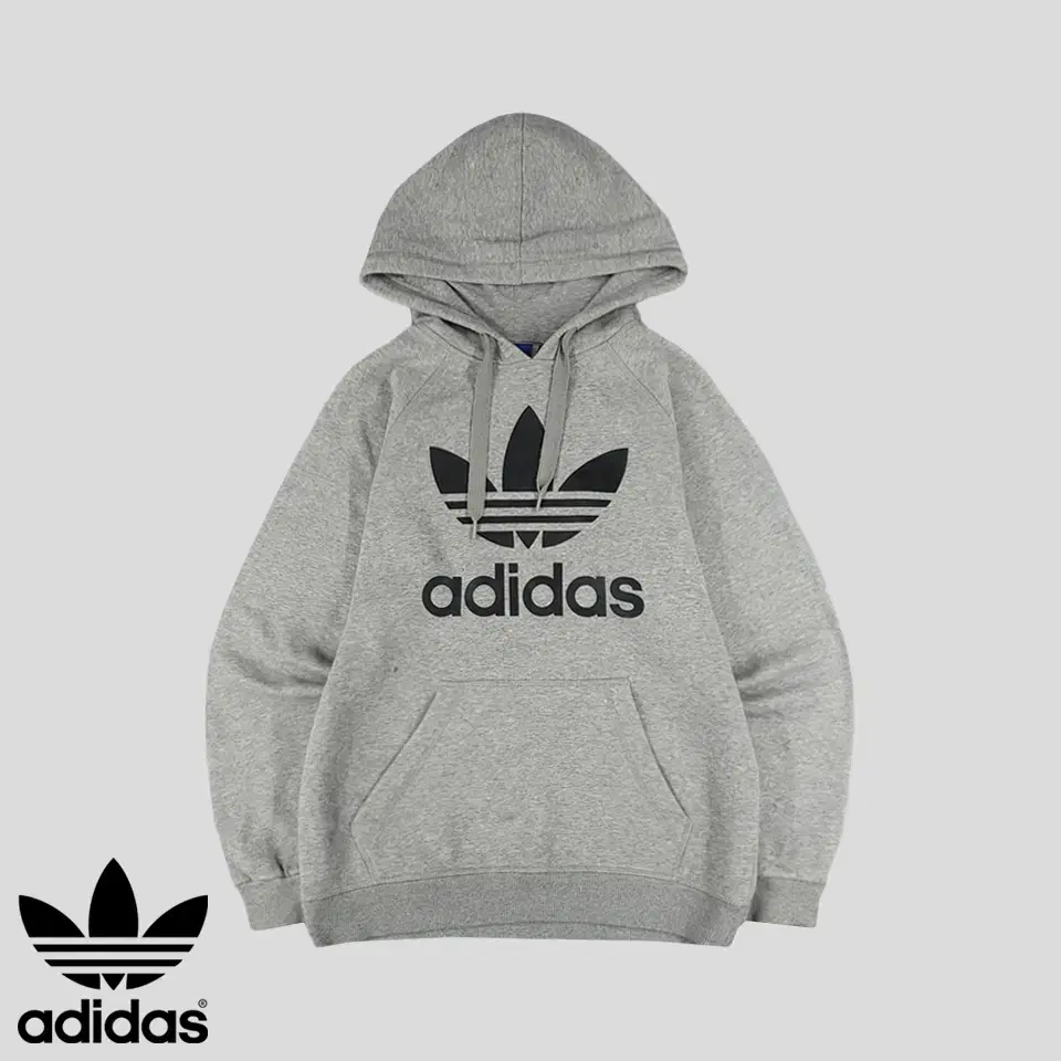 Adidas Melange Grey Black Trefoil Big Printed Cotton Blend Sweat Brushed Hoodie