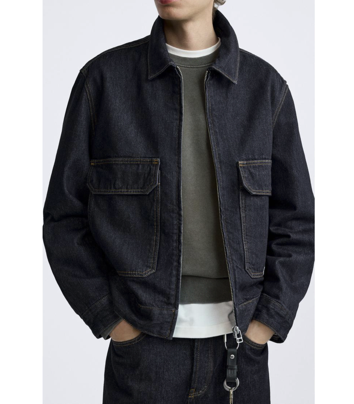 L Zara zipper denim jumper from the Origins special collection.