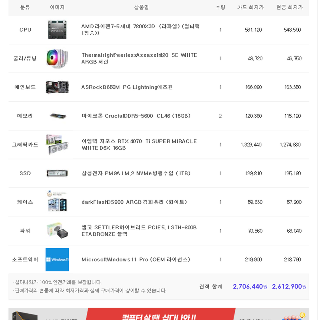 (새제품)7800X3D/4070Ti수퍼/램32/1TB/게임풀옵 PC본체데