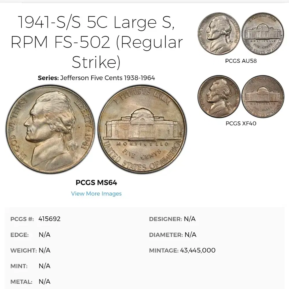 MM 더블링 희귀에러 동전 빈티지 미국주화 제퍼슨 니켈 1941 S