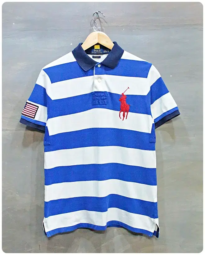 [M] Polo Ralph Lauren Custom Fit Big Pony American Flag Stripe Short Sleeve PK Shirt