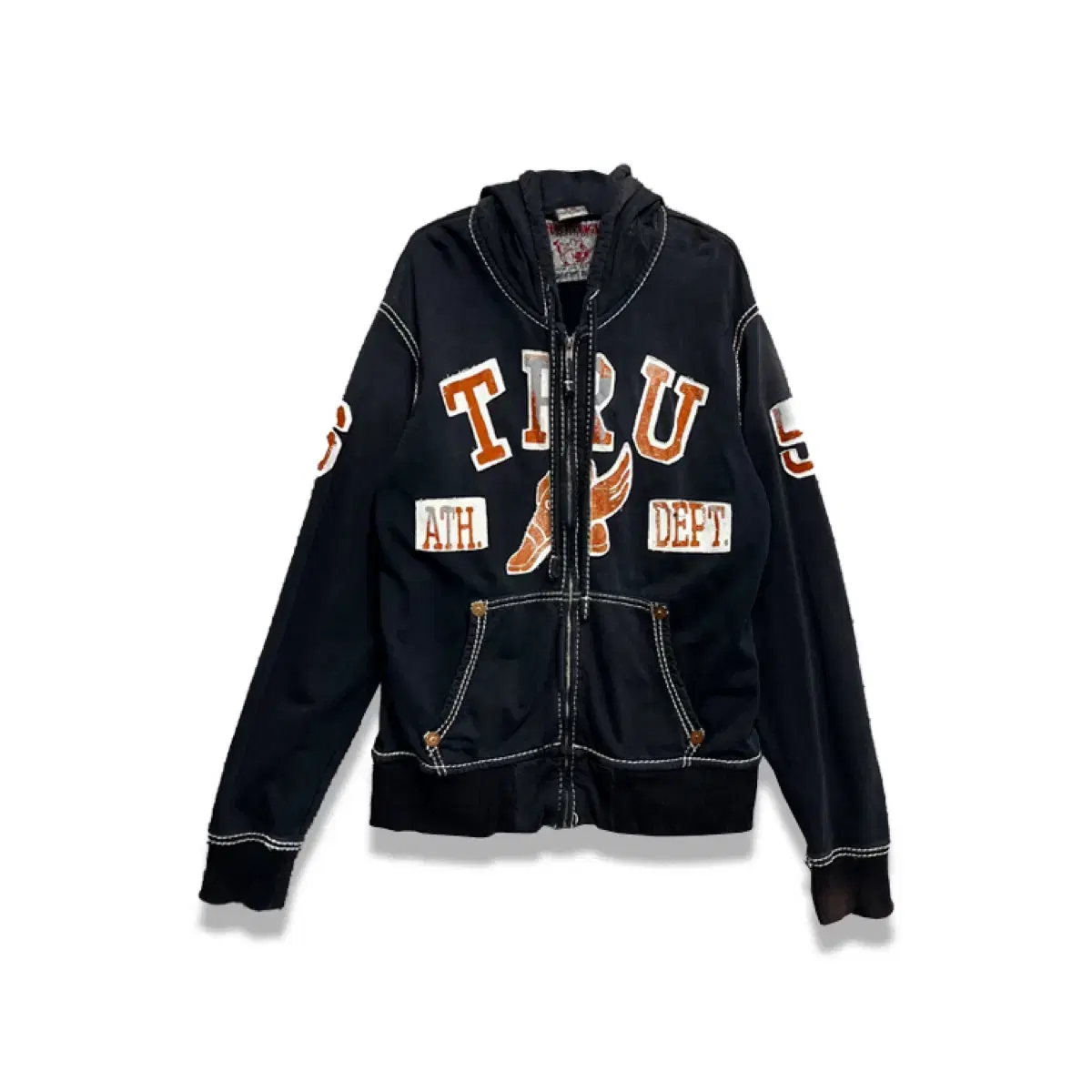 [TRUE RELIGION] Vintage-washed stitched hooded zip-up