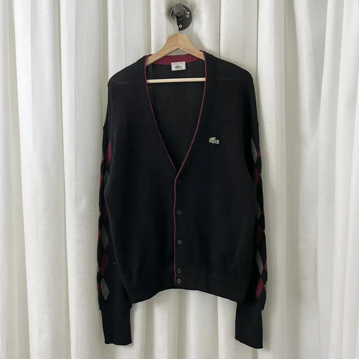 Lacoste Black Argyle Pattern Knit Cardigan