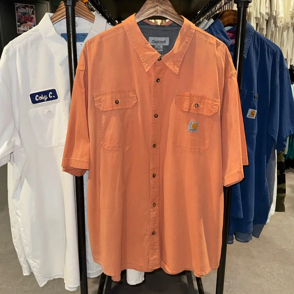 (624) CARHARTT 칼하트 빈티지 투포켓 반팔 셔츠 살몬