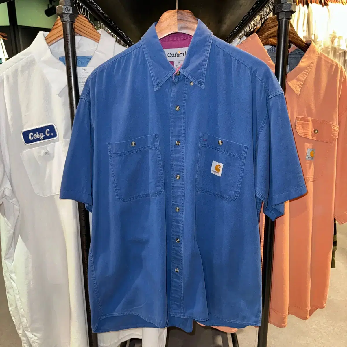 (625) CARHARTT 칼하트 빈티지 투포켓 반팔 셔츠 블루