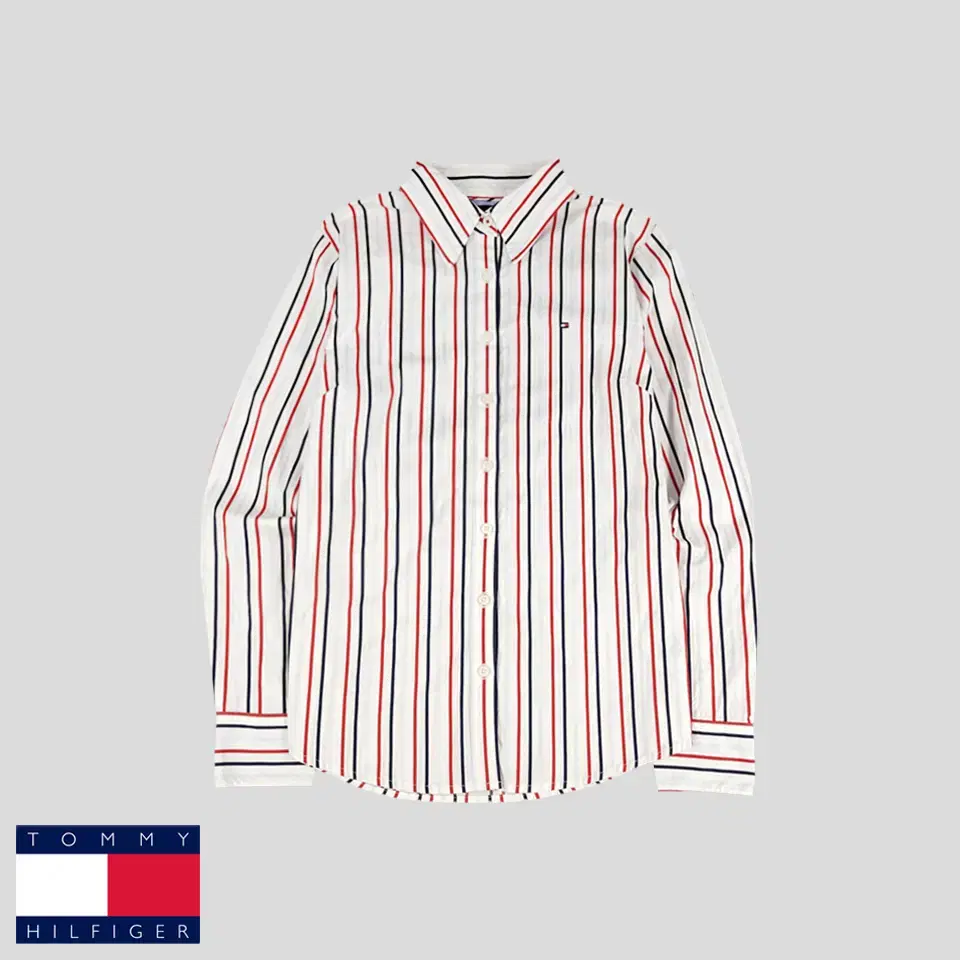 Tommy Hilfiger White Red Navy Striped Tommy Logo Stretch Cotton Blend Shirt