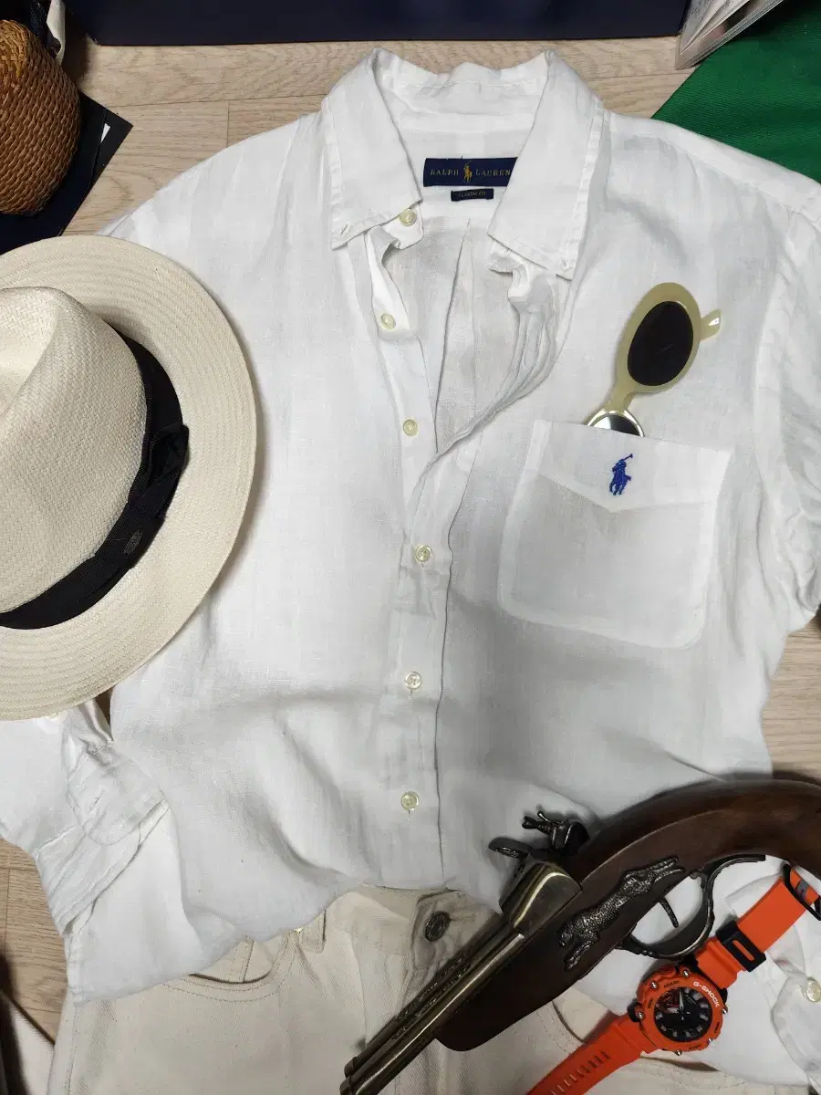 (Worn 2 times)Polo Ralph Lauren Linen Pocket bloo Pony White Shirt Southern