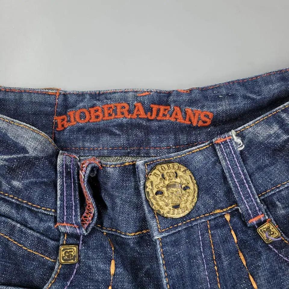 RIOBERAJEANS 진청워싱 스컬 독수리 이글 빅자수 스트레이트핏 로