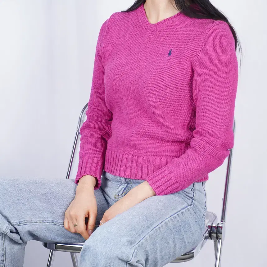 Polo V-neck hot pink short women's knit VIZ1336