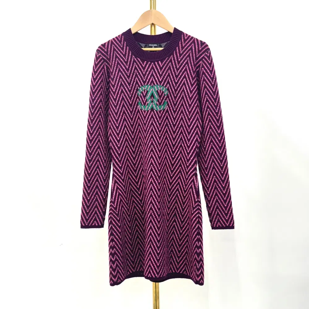 Chanel Cashmere CC Logo Purple Long Knit ONEPIECE 34